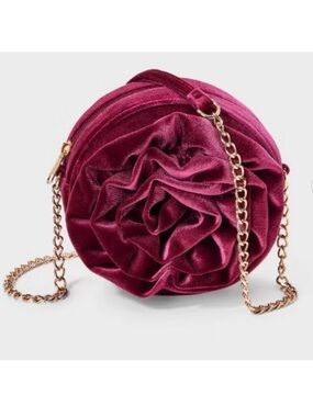 Cat & Jack Velvet Rose Crossbody in Berry with Gold Chain